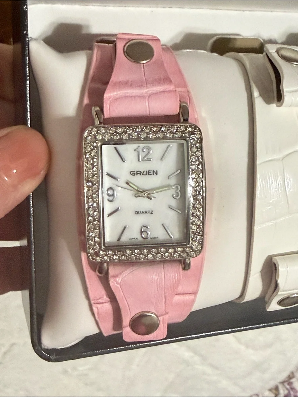 Gruen Women's Pink Crystal Accent Leather Watch with Interchangeable Bands NEW